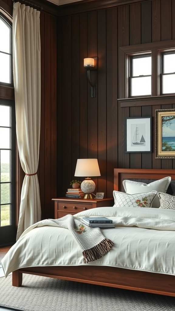 Cozy bedroom with dark wood walls, large windows, and elegant decor.