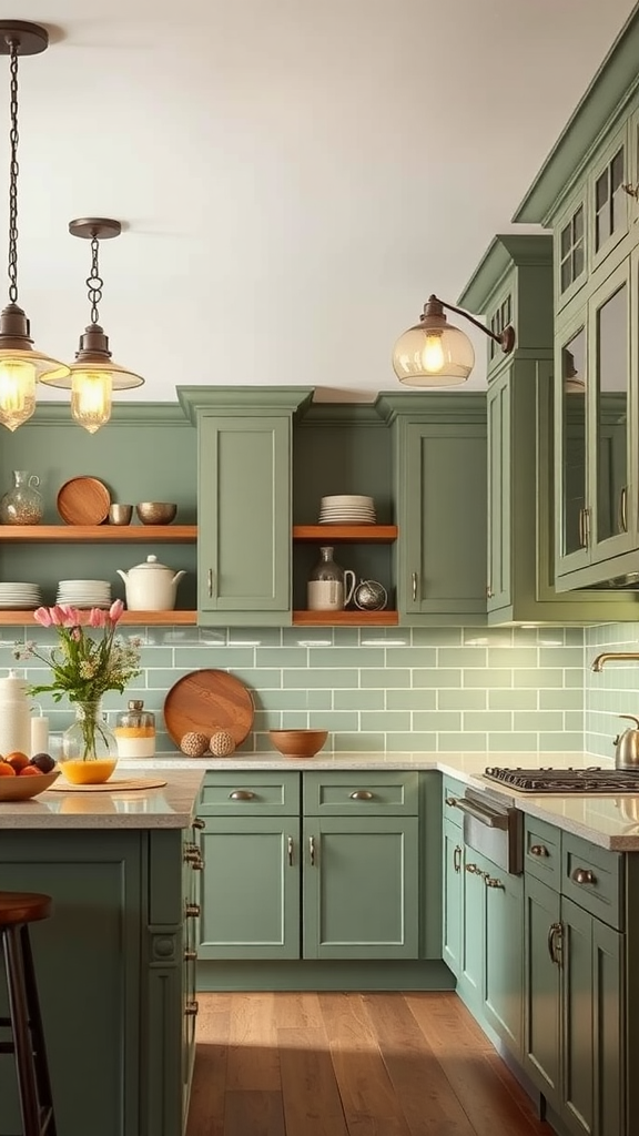 A sage green kitchen with stylish lighting, including pendant lights and under-cabinet illumination.