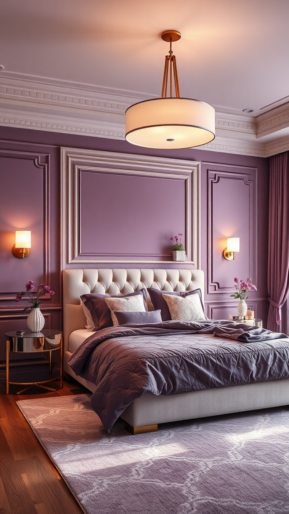 A stylish mauve bedroom with elegant lighting fixtures, featuring a modern pendant light and chic wall sconces.