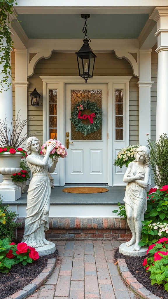 Love-themed garden statues on a porch surrounded by flowers. valentine porch decorating ideas