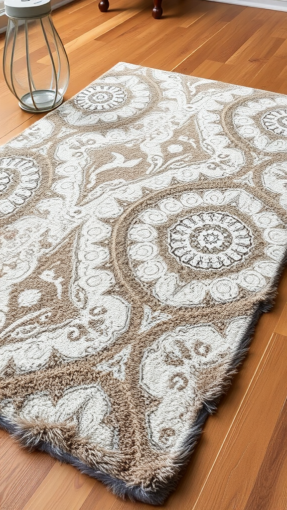 A beautifully patterned area rug on a wooden floor, perfect for cozy interiors.