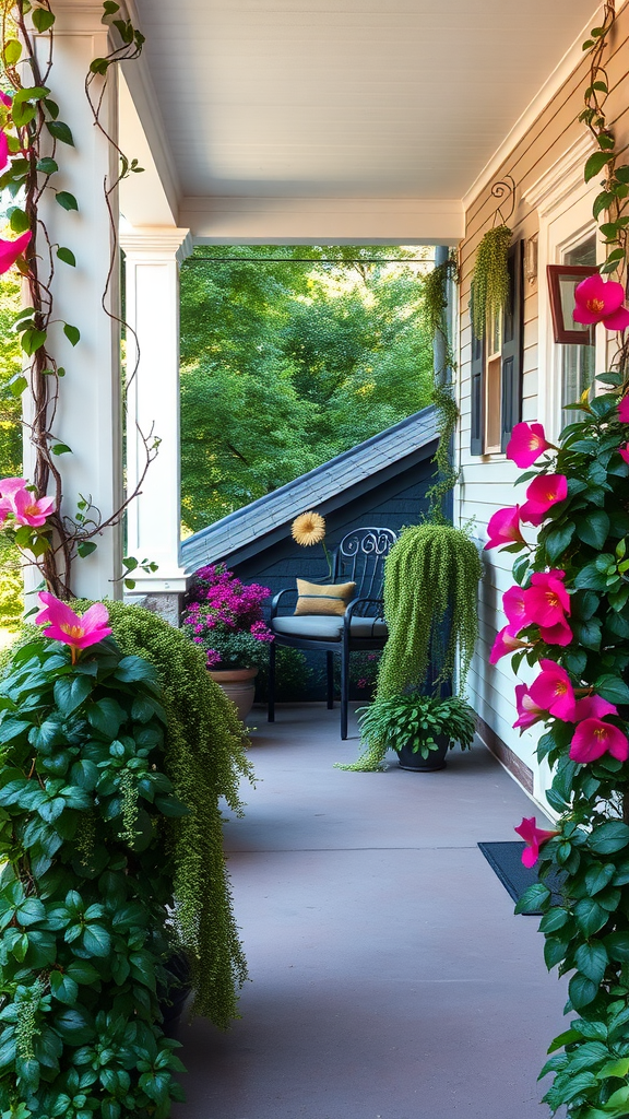 A beautiful eastern porch adorned with green plants and colorful flowers.