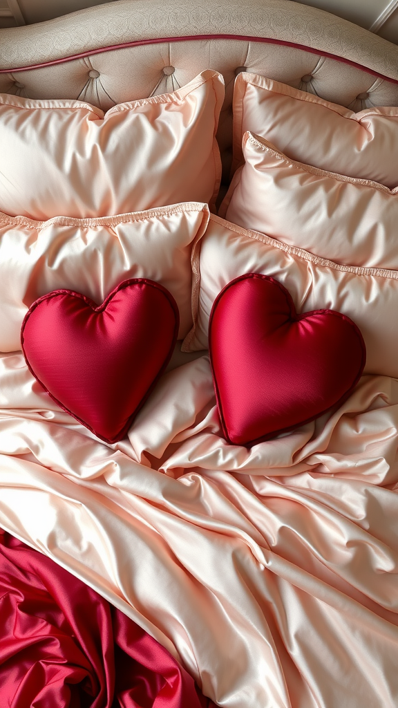 Elegant bedding with heart-shaped pillows in a cozy arrangement