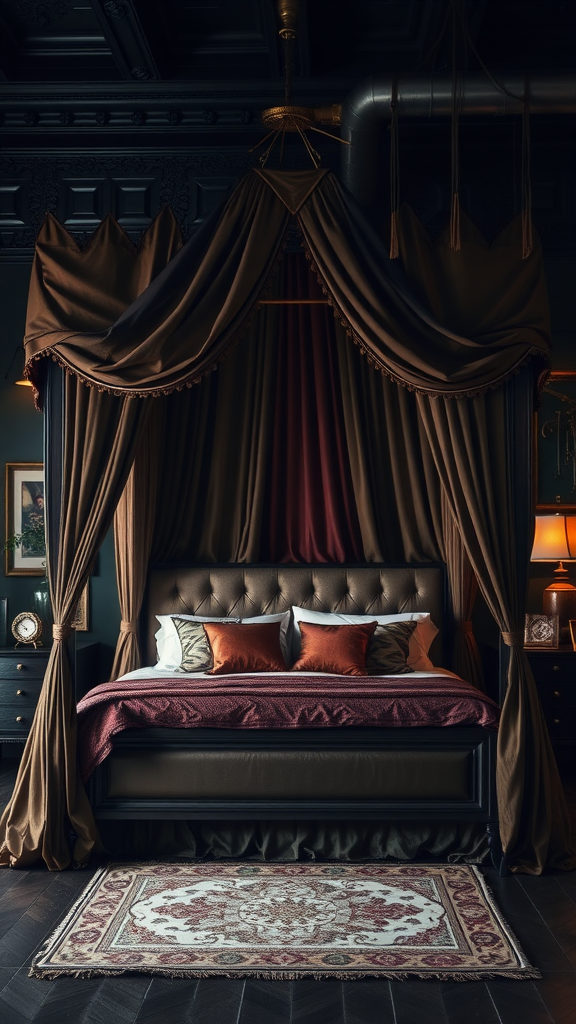 Luxurious canopy bed with dark drapes and rich colors in a cozy bedroom setting