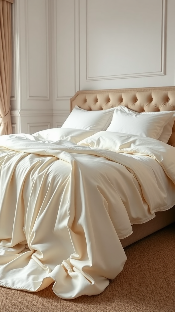 Luxurious cream bedspread laid on a bed with decorative pillows.