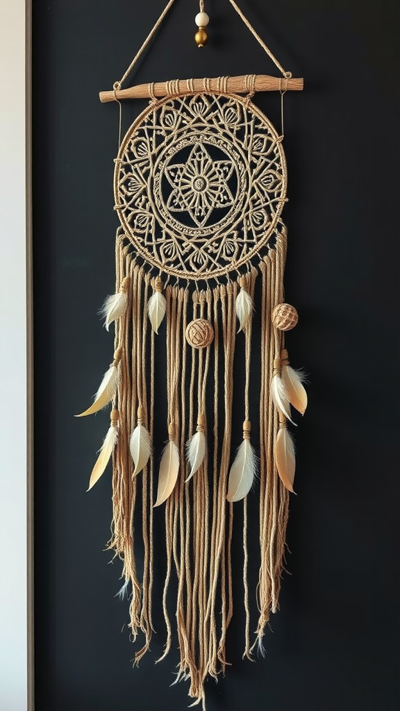 Intricate macrame wall hanging with round design and feather details