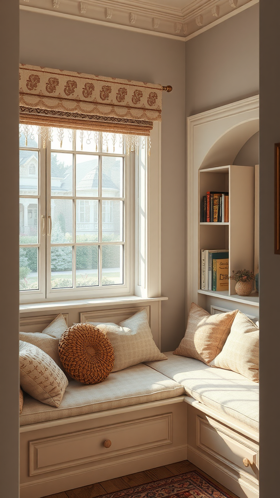 Cozy reading nook with soft pillows, natural light, and bookshelves in a castlecore bedroom theme.