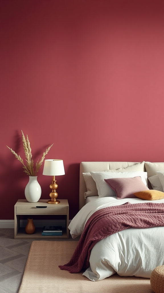 A cozy mauve bedroom featuring a mauve accent wall, a neatly made bed, and stylish decor.