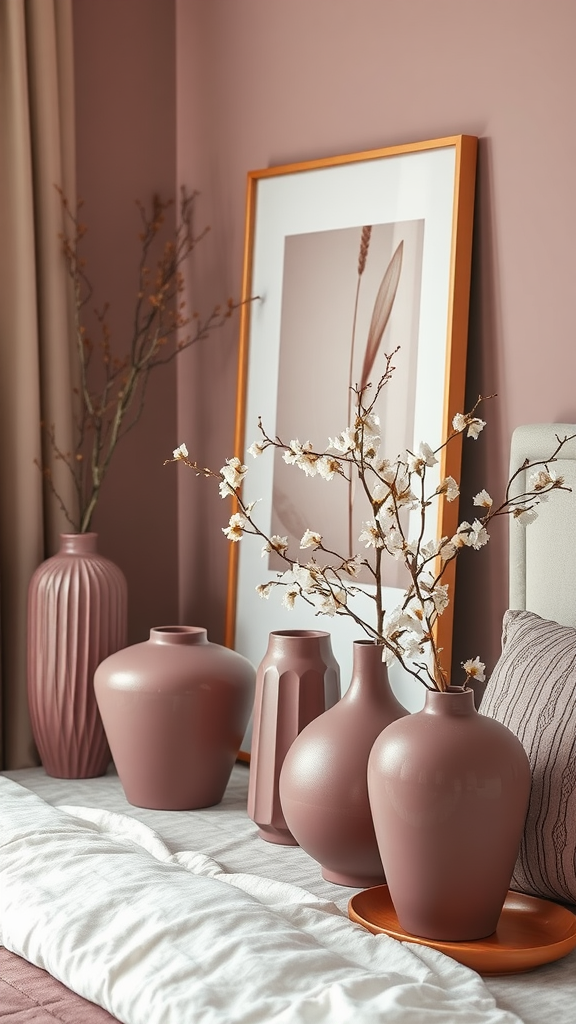 A cozy mauve bedroom featuring a collection of decorative vases in varying shapes and sizes, complemented by natural branches and framed artwork.