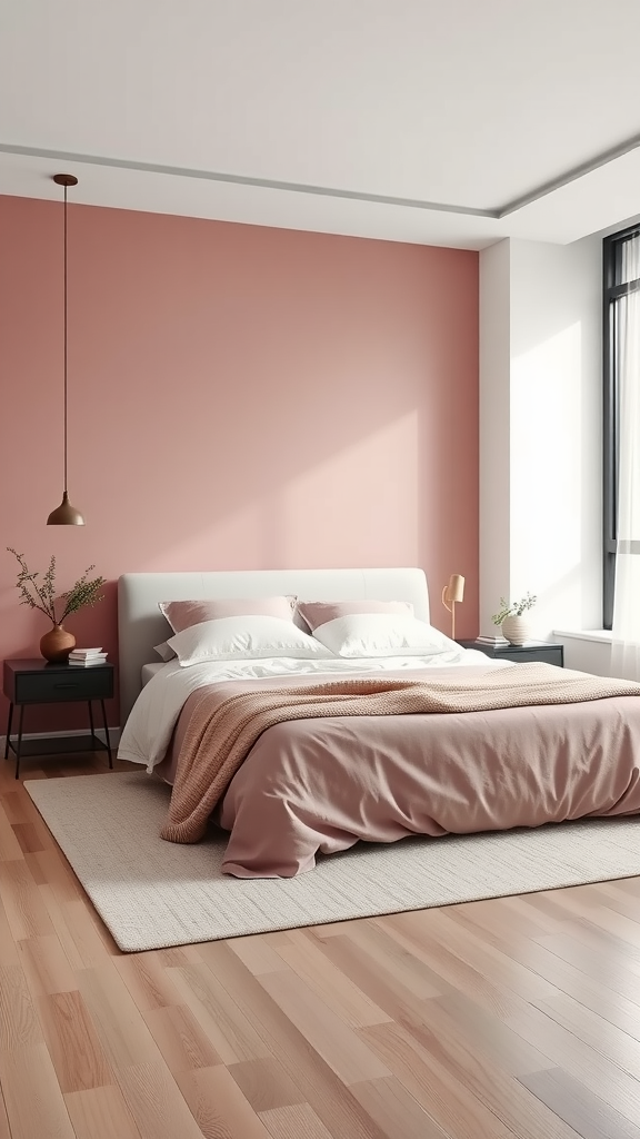 A minimalistic bedroom featuring mauve walls, a neatly made bed with soft pillows and a cozy blanket, and simple nightstands with decorative greenery.