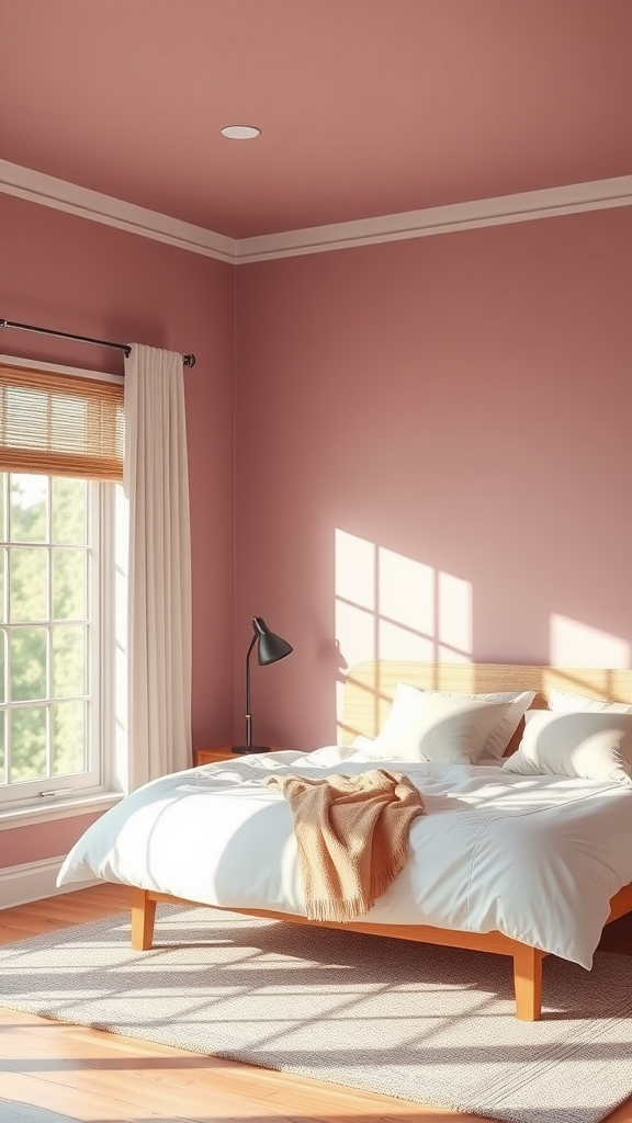 A cozy mauve bedroom with natural light streaming through the window, featuring a bed with white bedding and a light brown blanket.