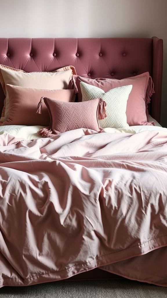 A mauve-themed bedding arrangement featuring a tufted mauve headboard, soft pink and mauve pillows, creating a cozy and inviting atmosphere.