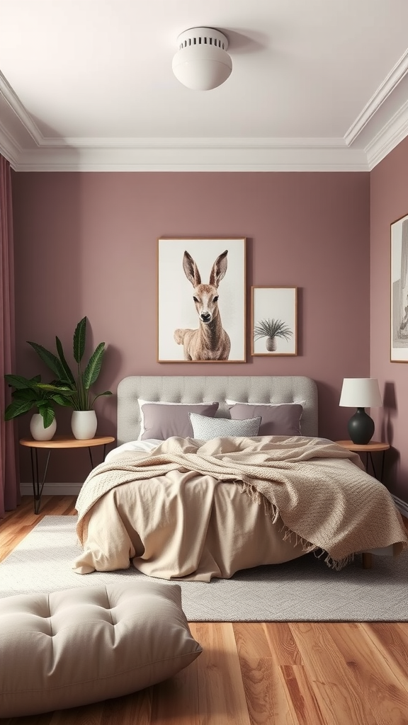 A cozy mauve bedroom with soft bedding, a plant, and deer-themed artwork.