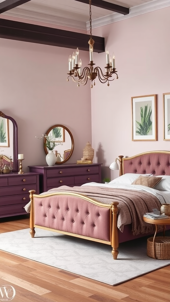 A beautifully designed mauve bedroom featuring a tufted mauve bed, purple dressers, and elegant chandelier.