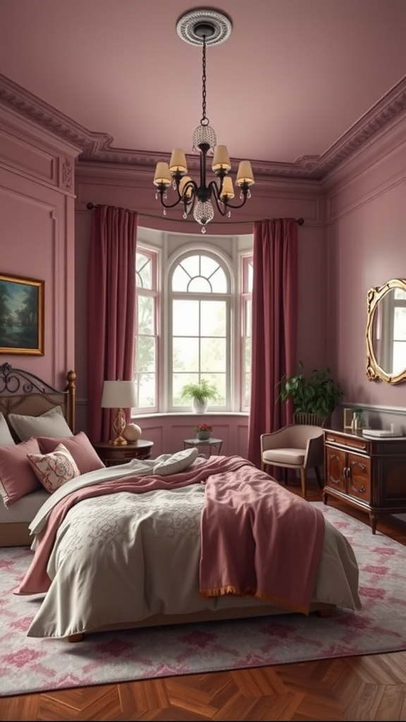 A cozy mauve bedroom featuring a chandelier and vintage furniture