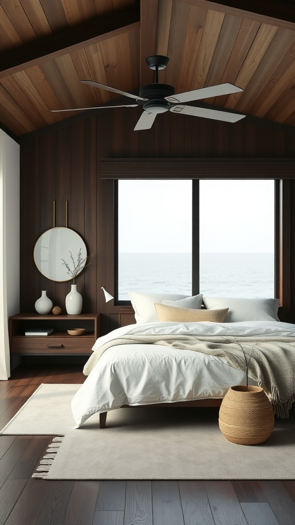 A minimalist coastal bedroom featuring dark wood panels, a cozy bed, and a stunning ocean view