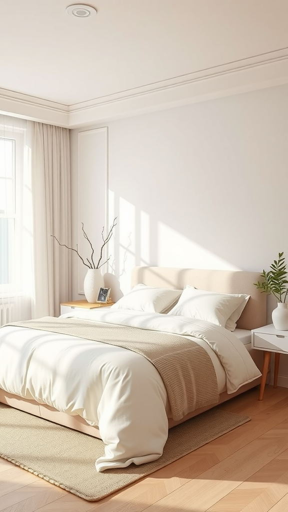 A minimalist cream bedroom featuring a large bed with soft linens, natural light filtering through curtains, and simple decor.