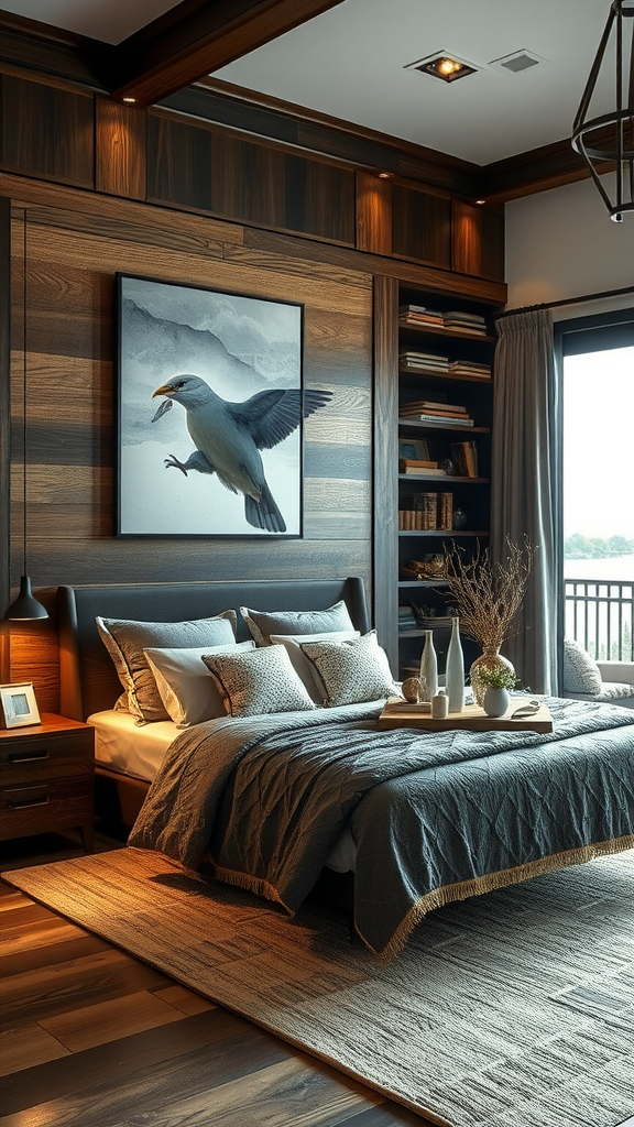 Coastal bedroom featuring dark wood accents, soft bedding, and a nature-themed artwork.