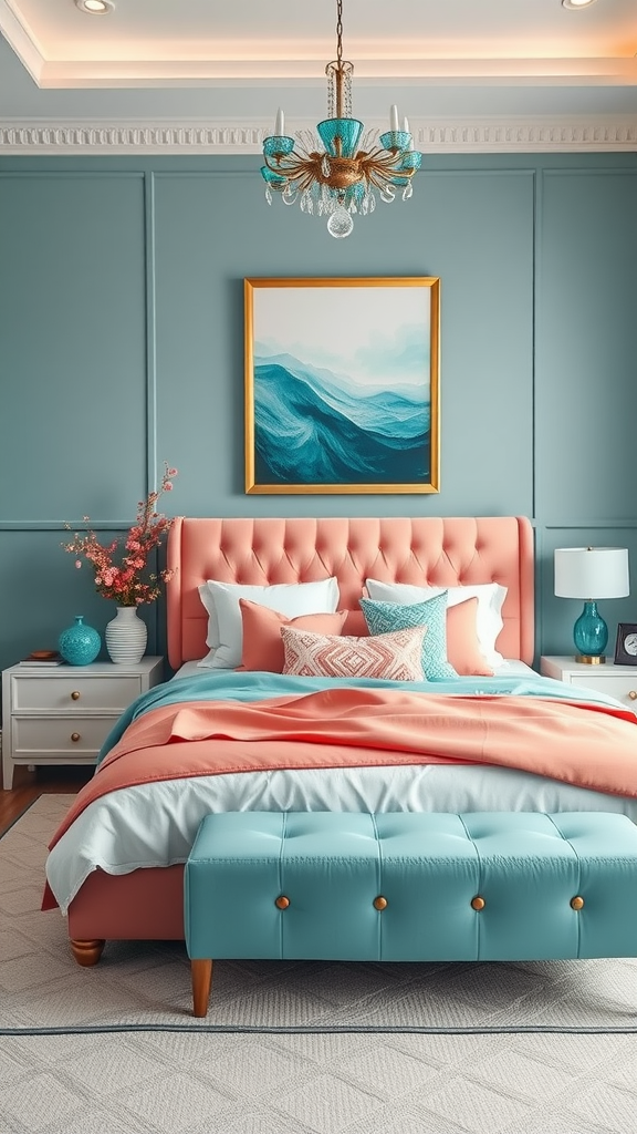 A stylish coral-themed bedroom featuring a coral headboard, light blue walls, and decorative accents.