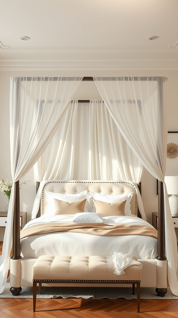A modern cream canopy bed with elegant drapes and plush bedding, creating a cozy and stylish atmosphere.