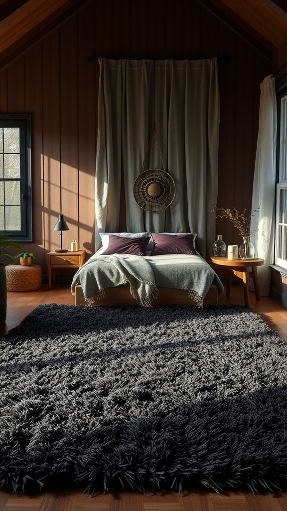 A cozy dark bedroom featuring a plush rug, warm lighting, and soft bedding.