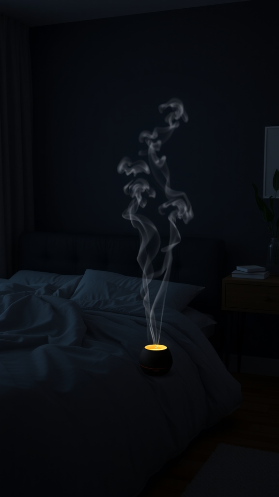 A dimly lit bedroom featuring a diffuser releasing soothing scents