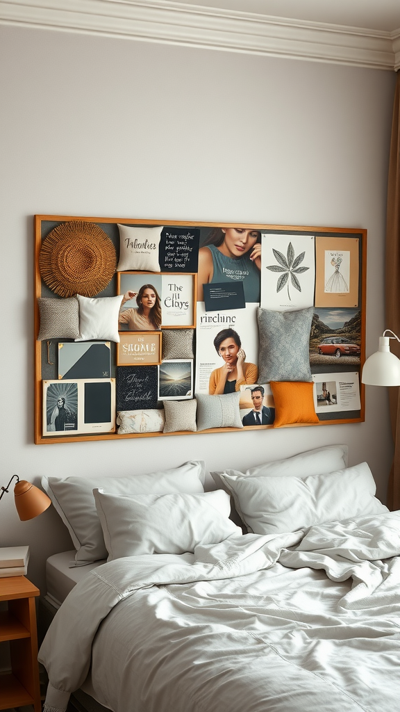 A cozy bedroom with a decorative mood board featuring various textures and images.