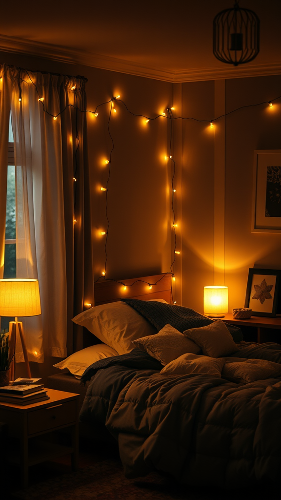 Cozy bedroom with string lights and warm lighting