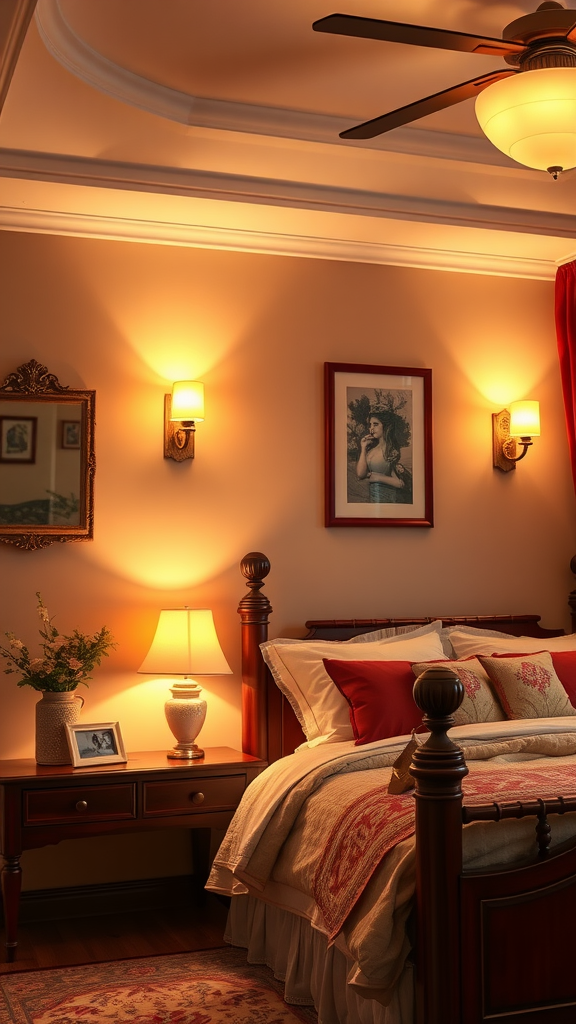 A cozy cherry bedroom with warm mood lighting.
