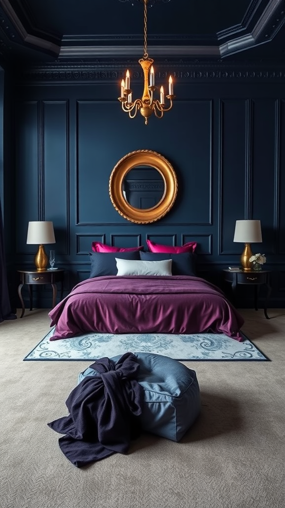 A dark cozy bedroom with deep blue walls, a plush purple bedspread, and golden accents.