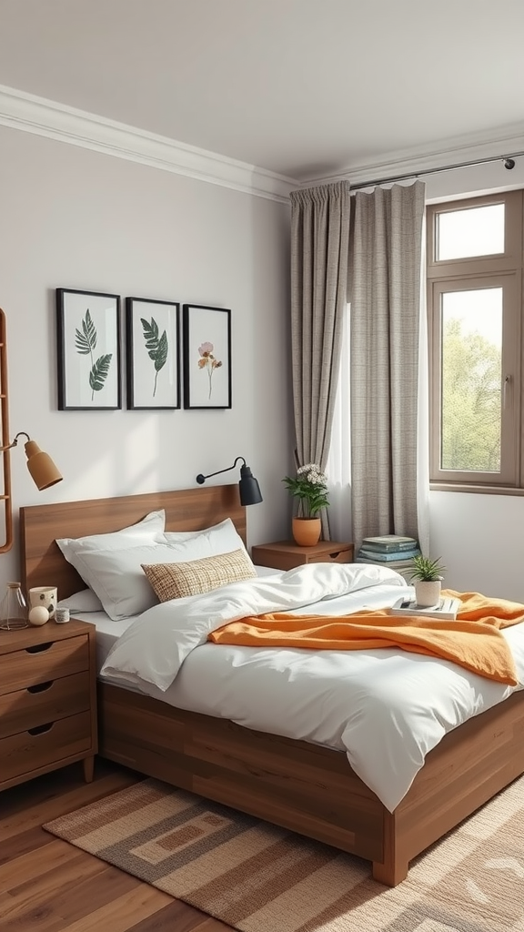 A cozy dark bedroom featuring a wooden bed, warm bedding, and plants.
