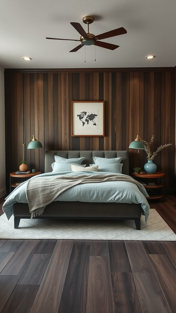 Coastal bedroom featuring dark wood paneling, soft blue bedding, and ambient lighting.