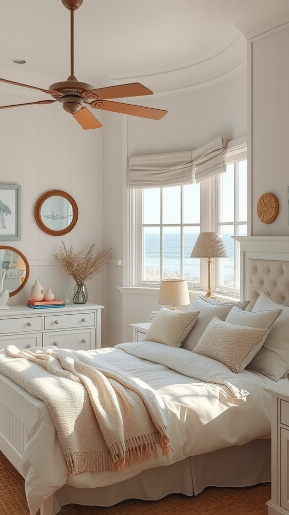 A serene coastal bedroom with muted pastel accents, showcasing a cozy bed with soft pillows and a throw blanket, complemented by natural light and elegant decor.