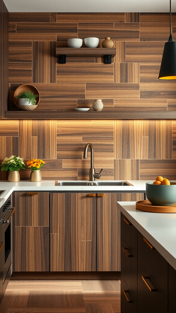 A modern kitchen featuring a dark wood bamboo backsplash, stylish cabinetry, and warm lighting.