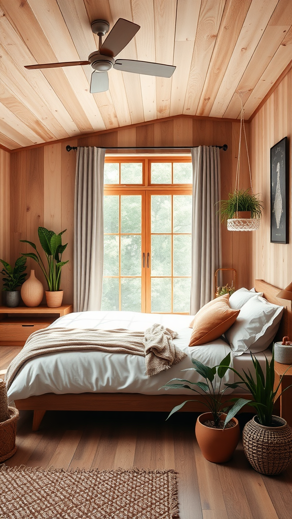 Cozy coral bedroom with wooden elements and plants, showcasing natural decor
