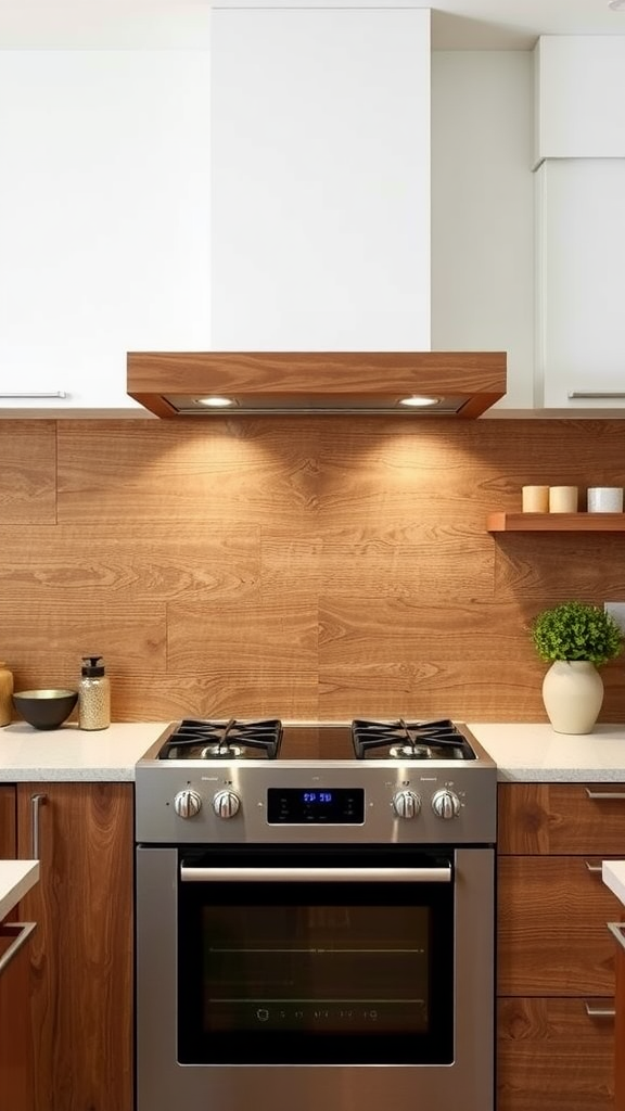 Modern kitchen with natural finish walnut backsplash and stainless steel appliances