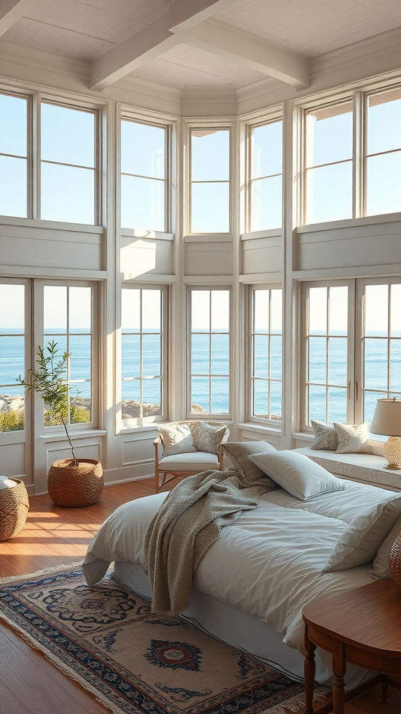 Cozy coastal bedroom with large windows overlooking the ocean