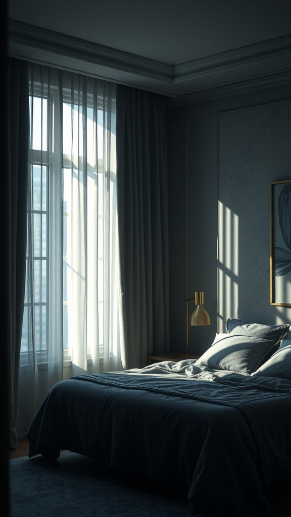Cozy bedroom with soft natural light and dark curtains