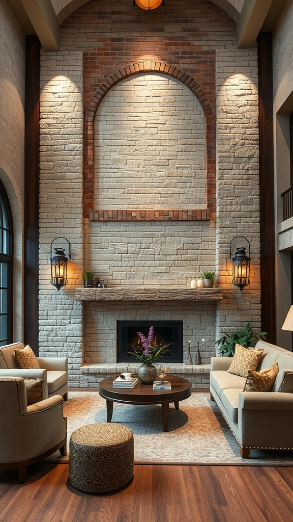 A cozy living room featuring a stone and brick accent wall with a fireplace, comfortable seating, and warm lighting.