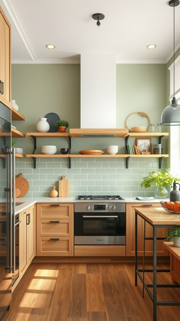 A modern kitchen featuring sage green walls, wooden cabinets, and open shelving.