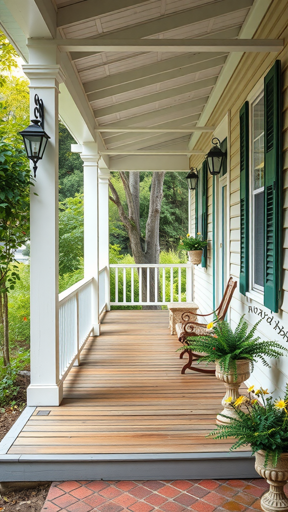 A beautiful eastern porch with wooden flooring, potted plants, and a cozy seating area.