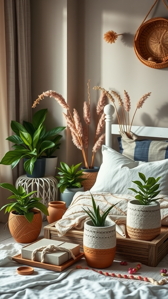 A cozy bedroom with plants, soft linens, and earthy decor.