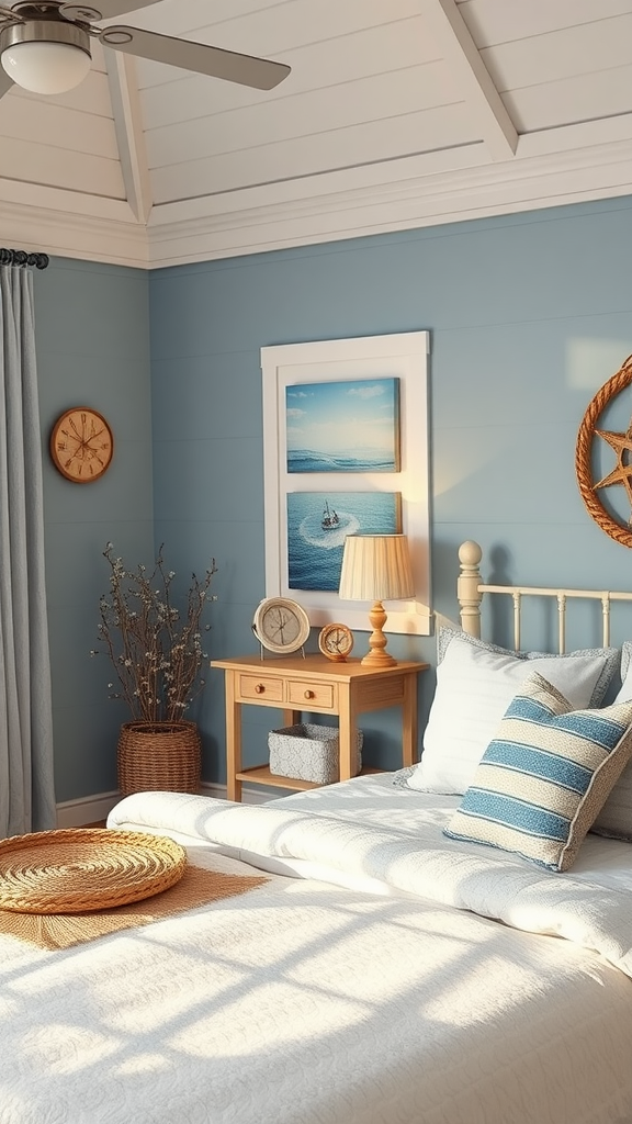 A cozy bedroom with soft blue walls and nautical decor.