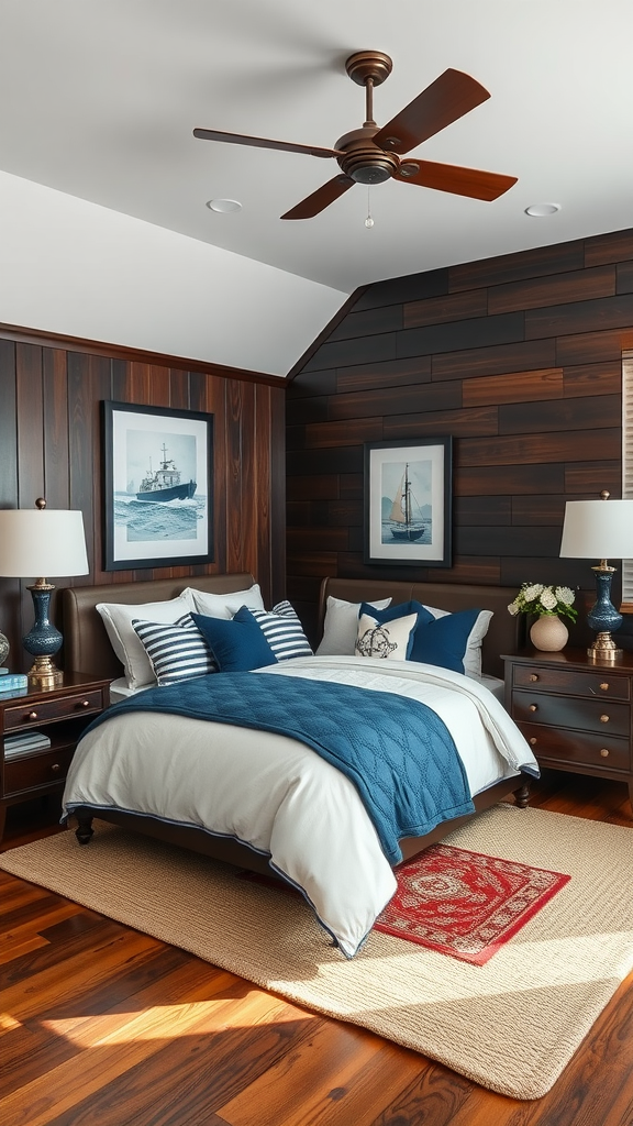 A cozy bedroom featuring nautical blue accents with dark wood paneling, a matching blue quilt, and boat-themed artwork.