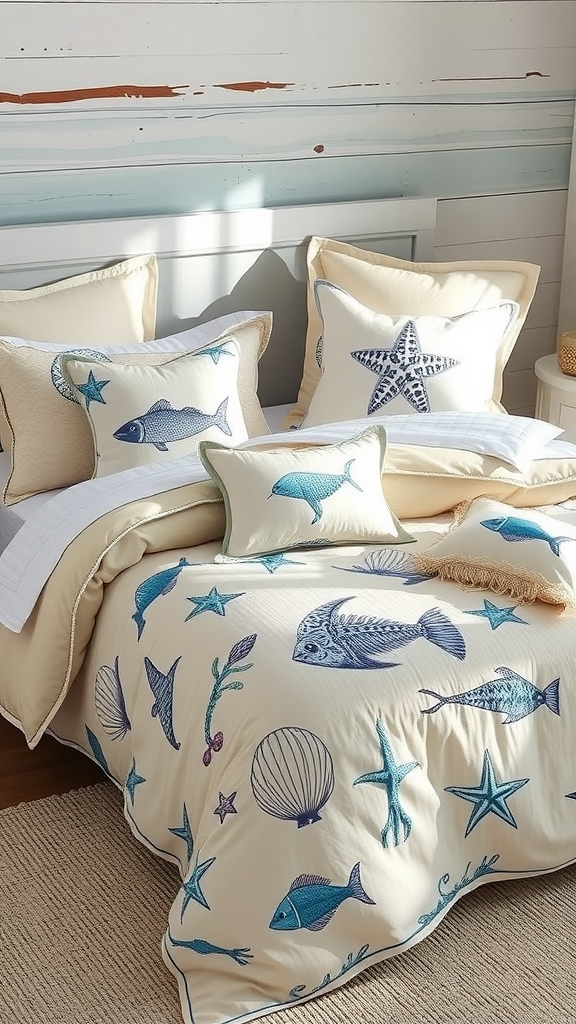 Coastal themed bedding featuring fish and starfish designs.