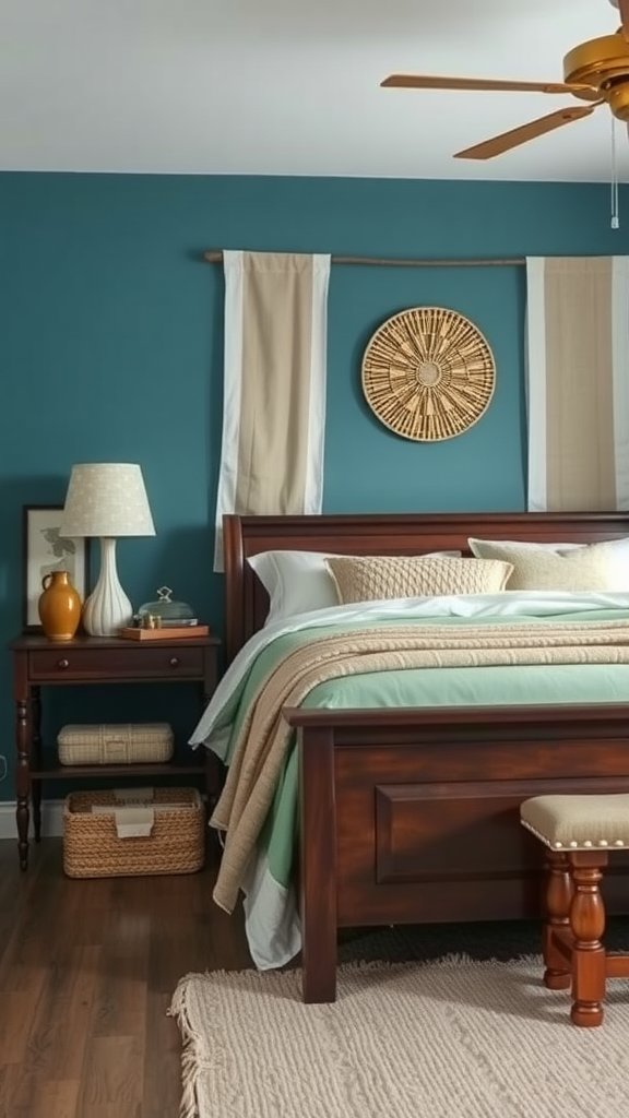 A cozy bedroom with teal walls, dark wood furniture, and beach-inspired decor.