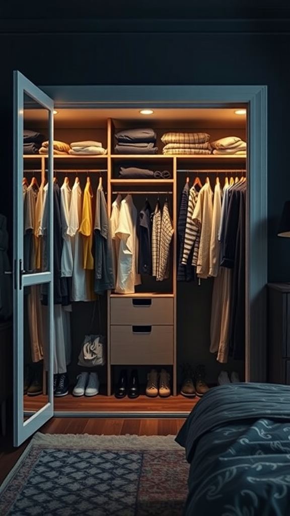 An open closet design in a dark cozy bedroom, showcasing neatly arranged clothes, shoes, and a warm light.