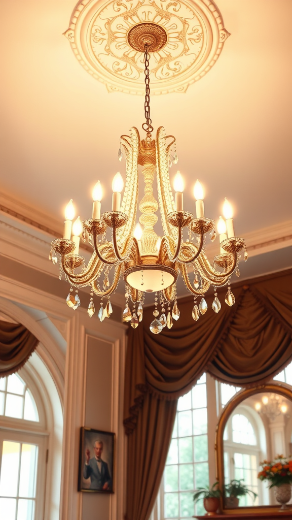 An elegant chandelier with crystals illuminating a sophisticated room