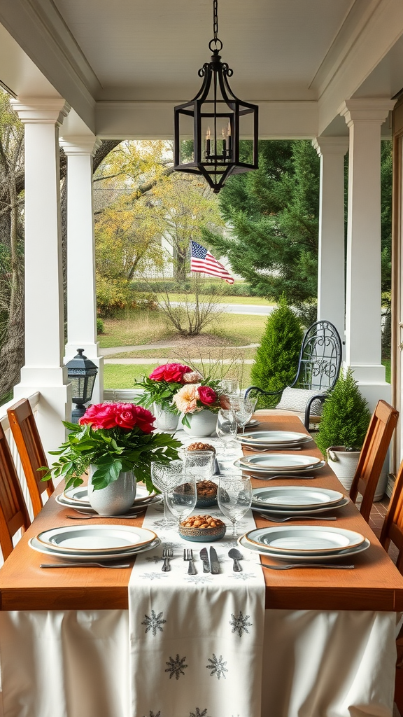 Outdoor dining setup on an eastern porch with a table set for a meal