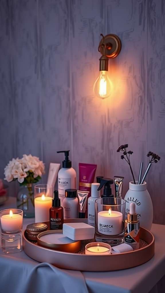 A cozy pampering station with candles and beauty products arranged on a tray.